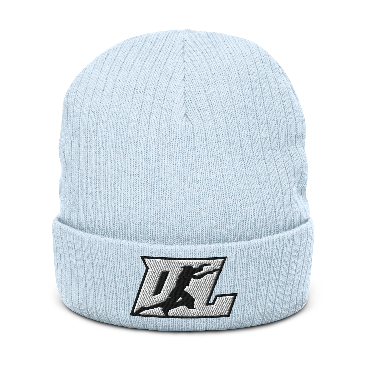 Ribbed Knit Beanie White with Black Outline DL Logo