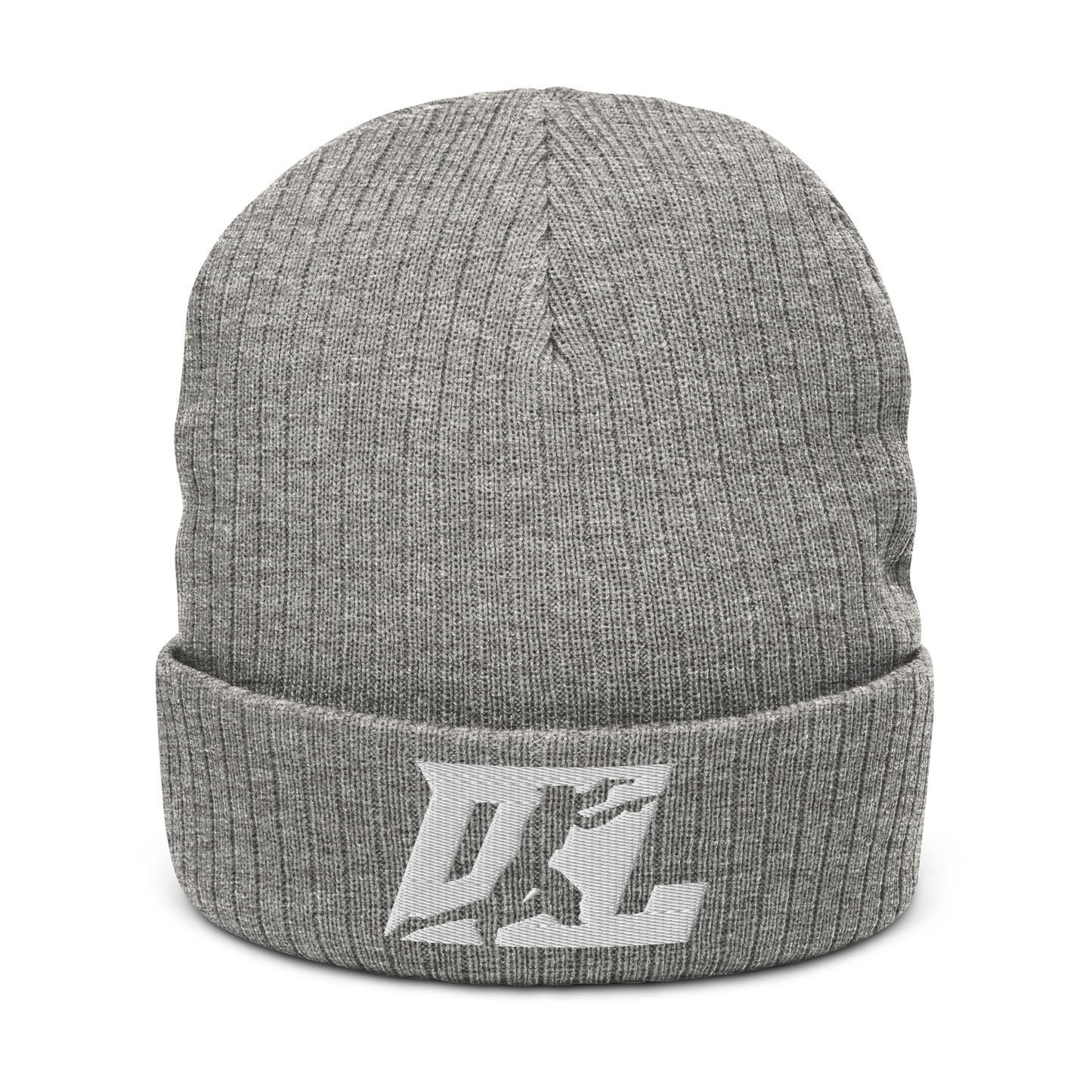 Ribbed Knit Beanie White DL Logo