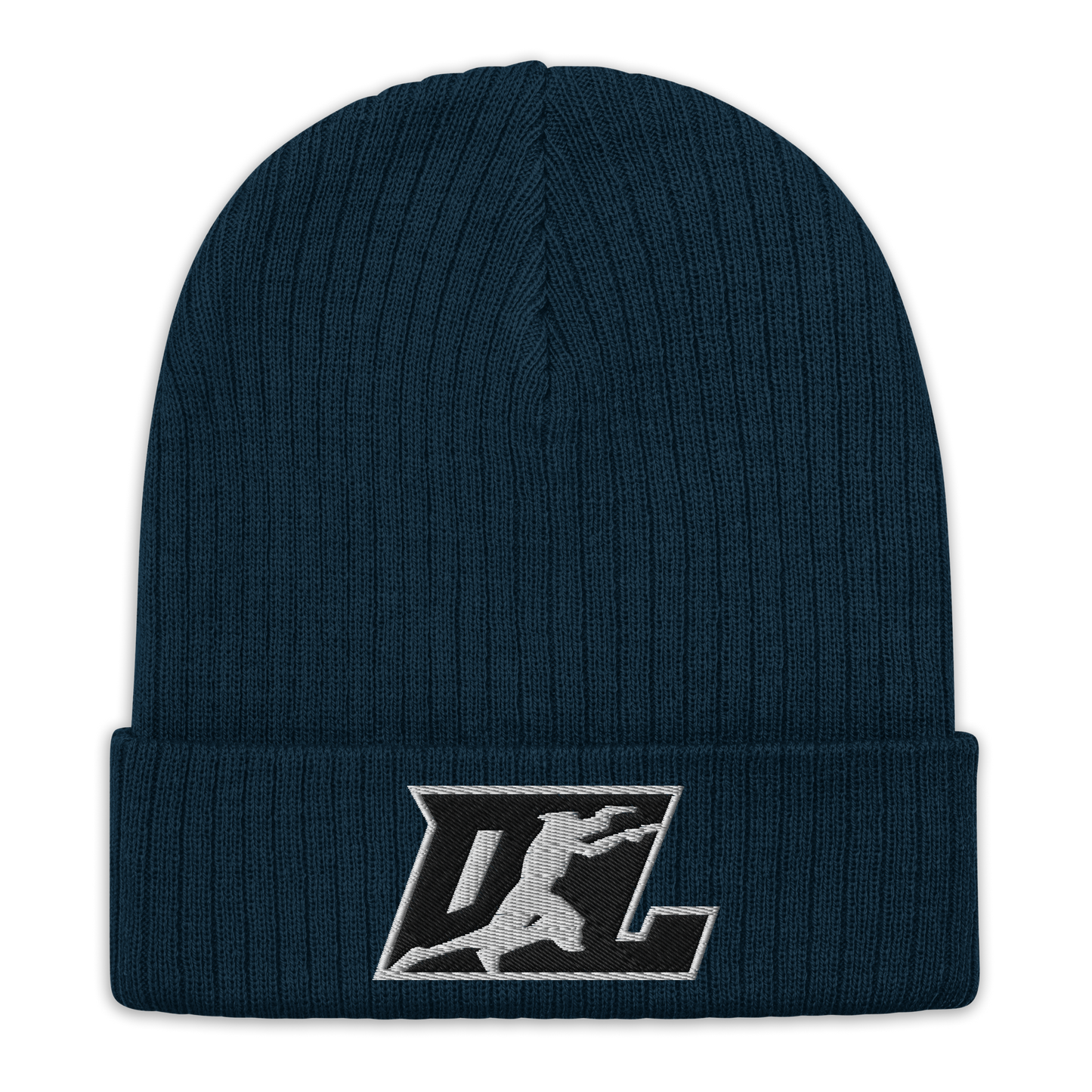 Ribbed Knit Beanie Black with White Outline DL Logo