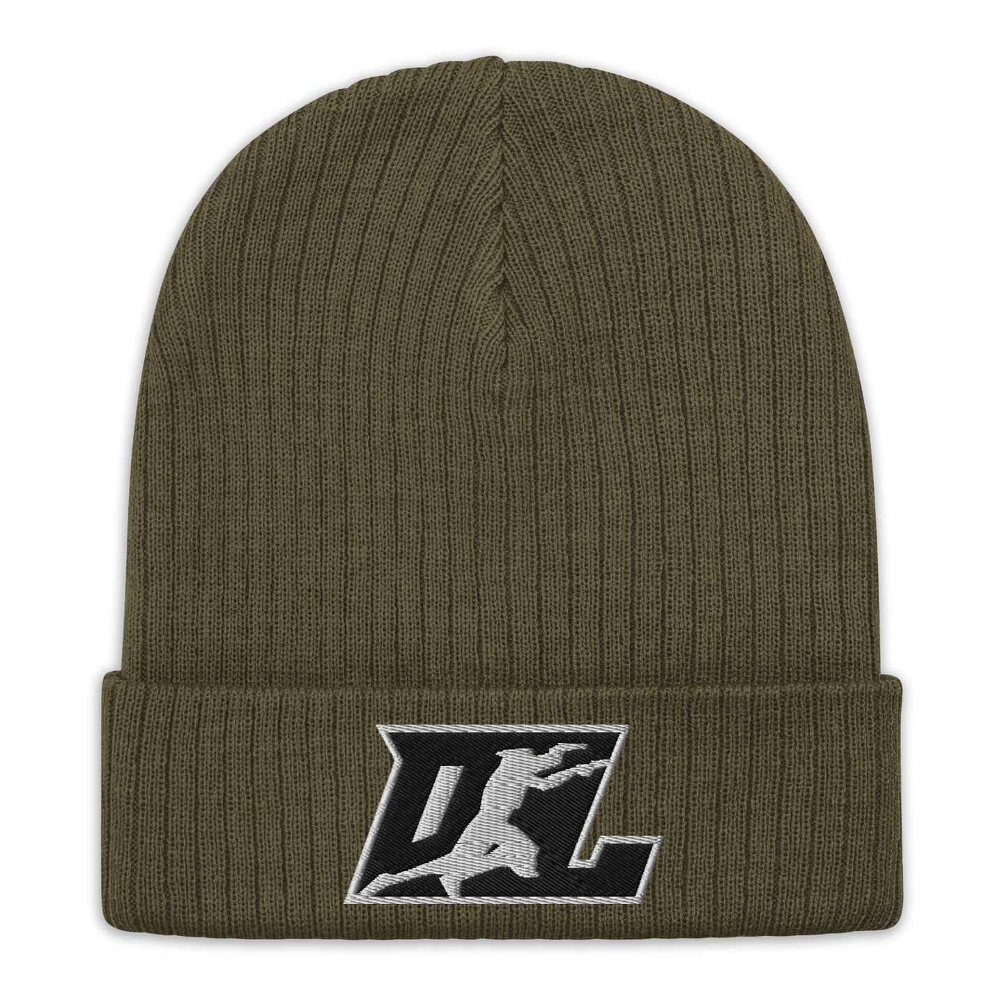 Ribbed Knit Beanie Black with White Outline DL Logo