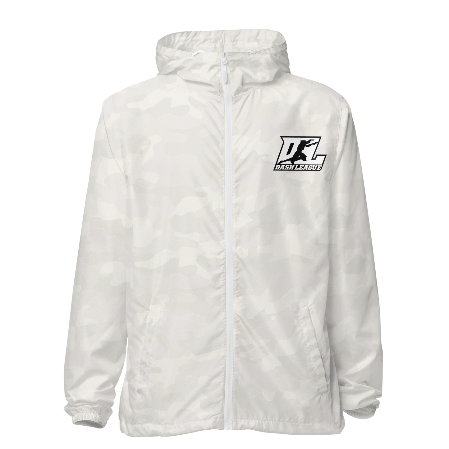 Cortavientos unisex blanco con logotipo DL en contorno negro