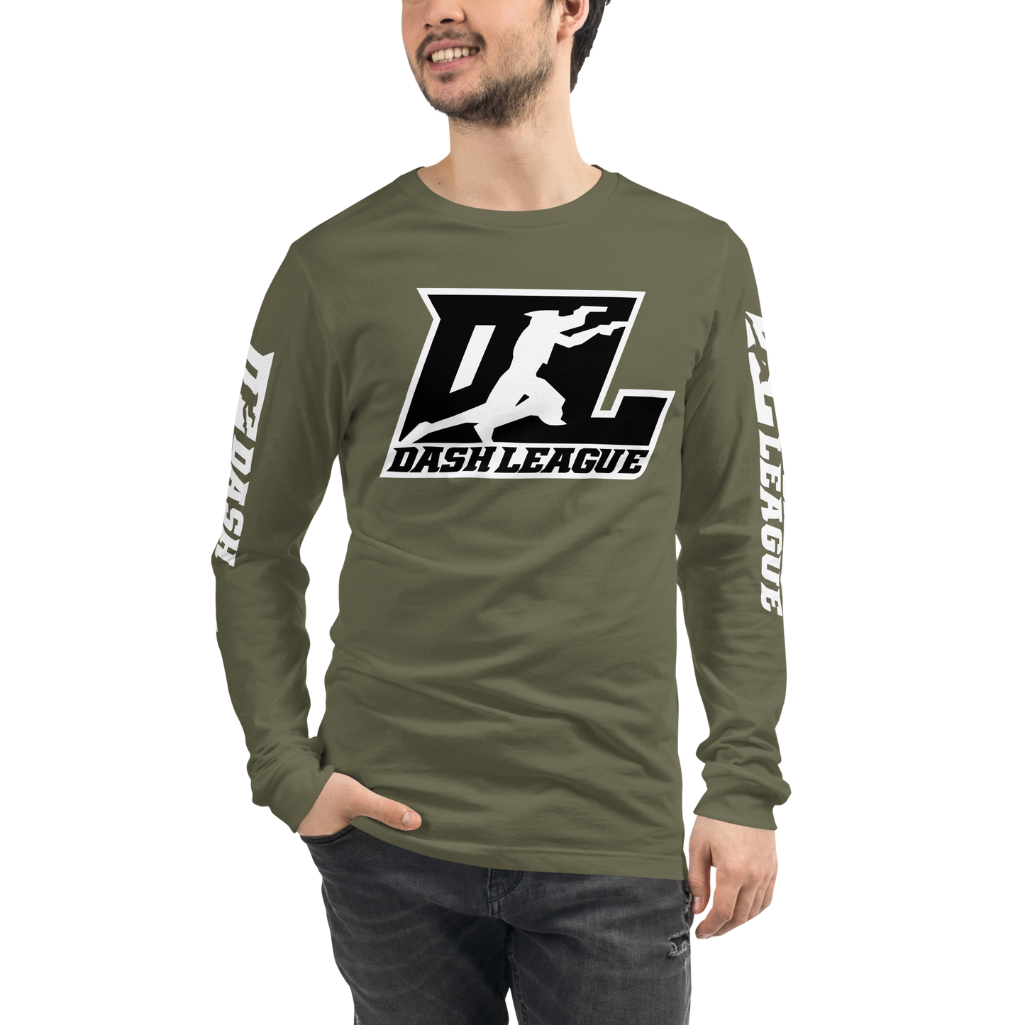 Long Sleeve Shirt White with Black Outline DL Logo (Front+Sleeves)