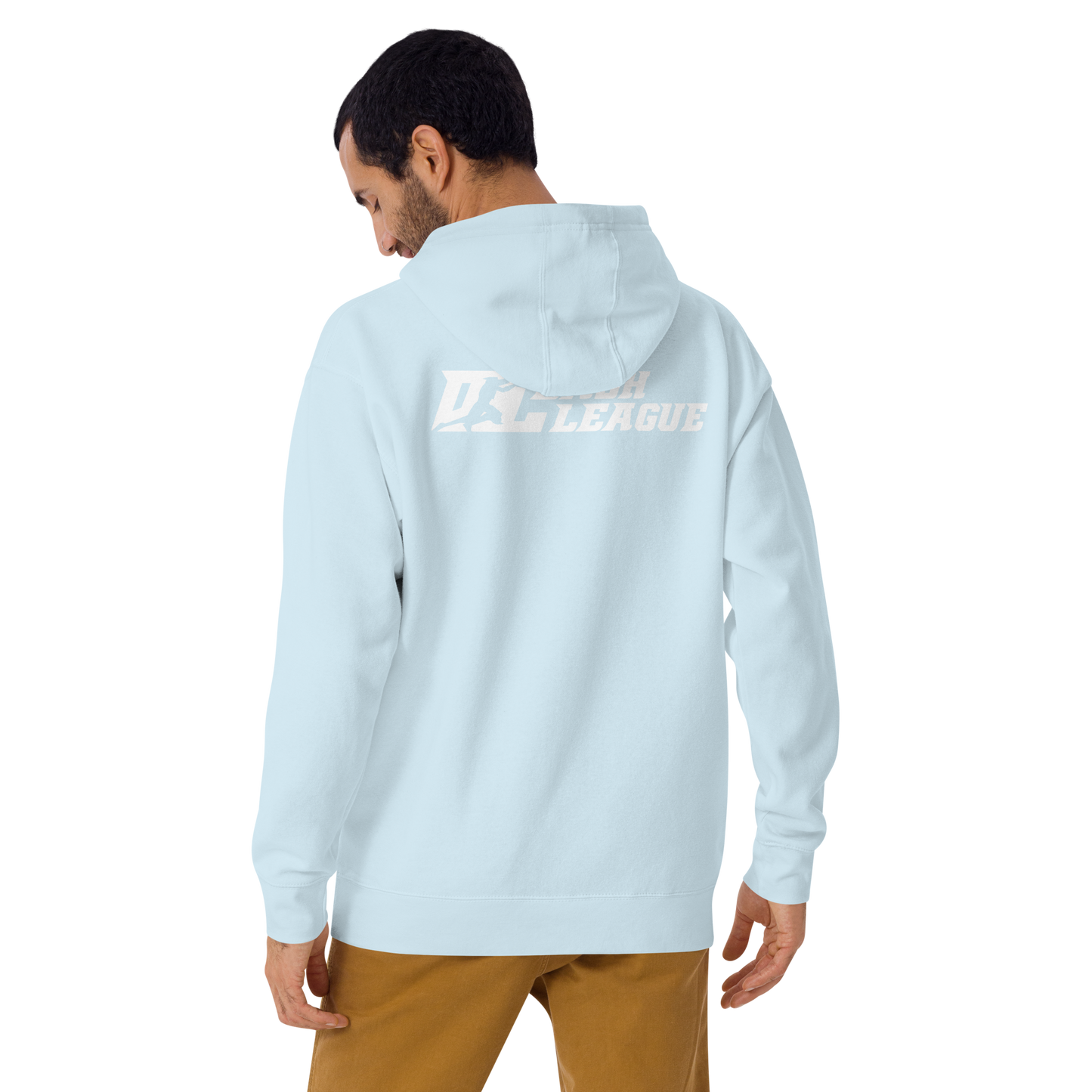 Sudadera unisex con capucha blanca y logotipo DL en contorno negro (parte delantera y trasera)