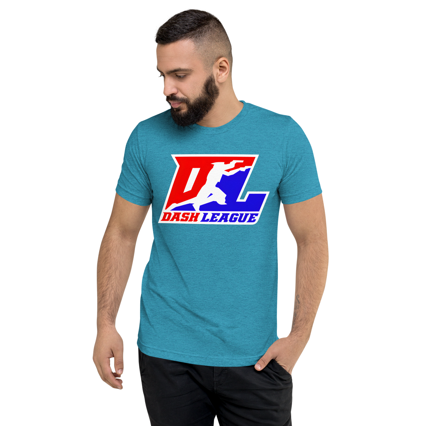 Camisa unisex de mezcla de tres colores con logotipo DL en contorno blanco (parte delantera y trasera)