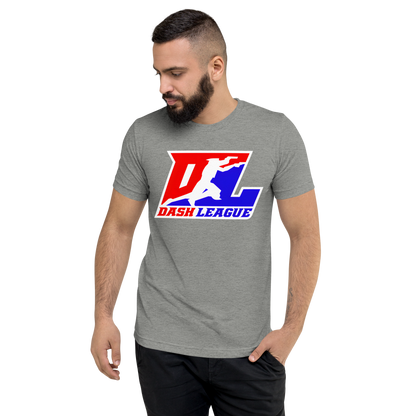 Camisa unisex de mezcla de tres colores con logotipo DL en contorno blanco (parte delantera y trasera)