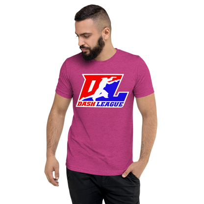 Camisa unisex de mezcla de tres colores con logotipo DL en contorno blanco (parte delantera y trasera)