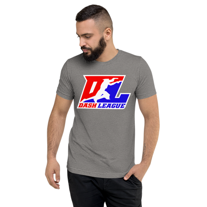 Camisa unisex de mezcla de tres colores con logotipo DL en contorno blanco (parte delantera y trasera)