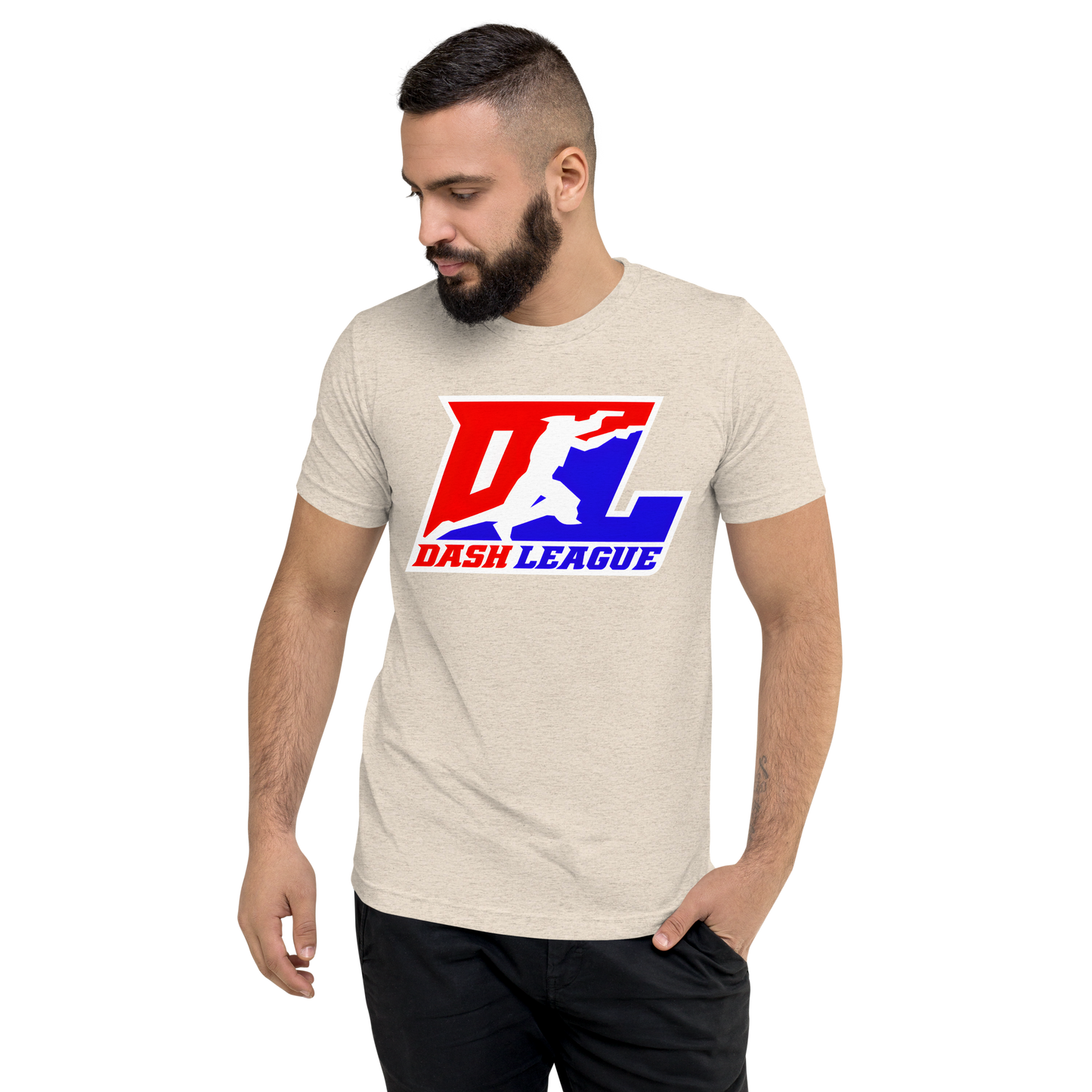 Camisa unisex de mezcla de tres colores con logotipo DL en contorno blanco (parte delantera y trasera)