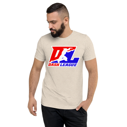 Camisa unisex de mezcla de tres colores con logotipo DL en contorno blanco (parte delantera y trasera)