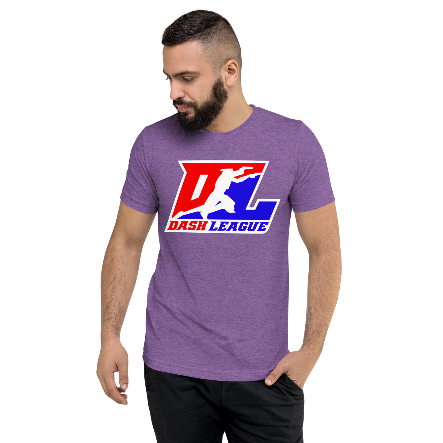 Camisa unisex de mezcla de tres colores con logotipo DL en contorno blanco (parte delantera y trasera)