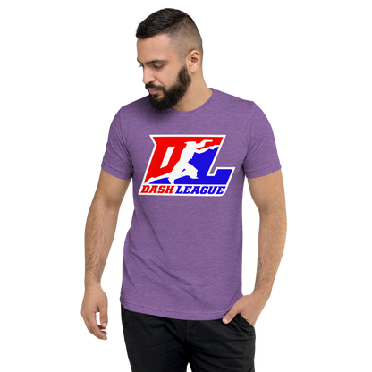 Camisa unisex de mezcla de tres colores con logotipo DL en contorno blanco (parte delantera y trasera)