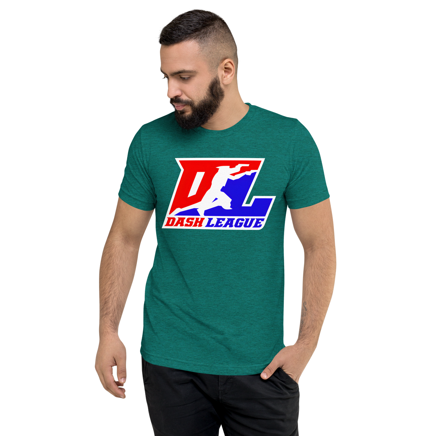 Camisa unisex de mezcla de tres colores con logotipo DL en contorno blanco (parte delantera y trasera)