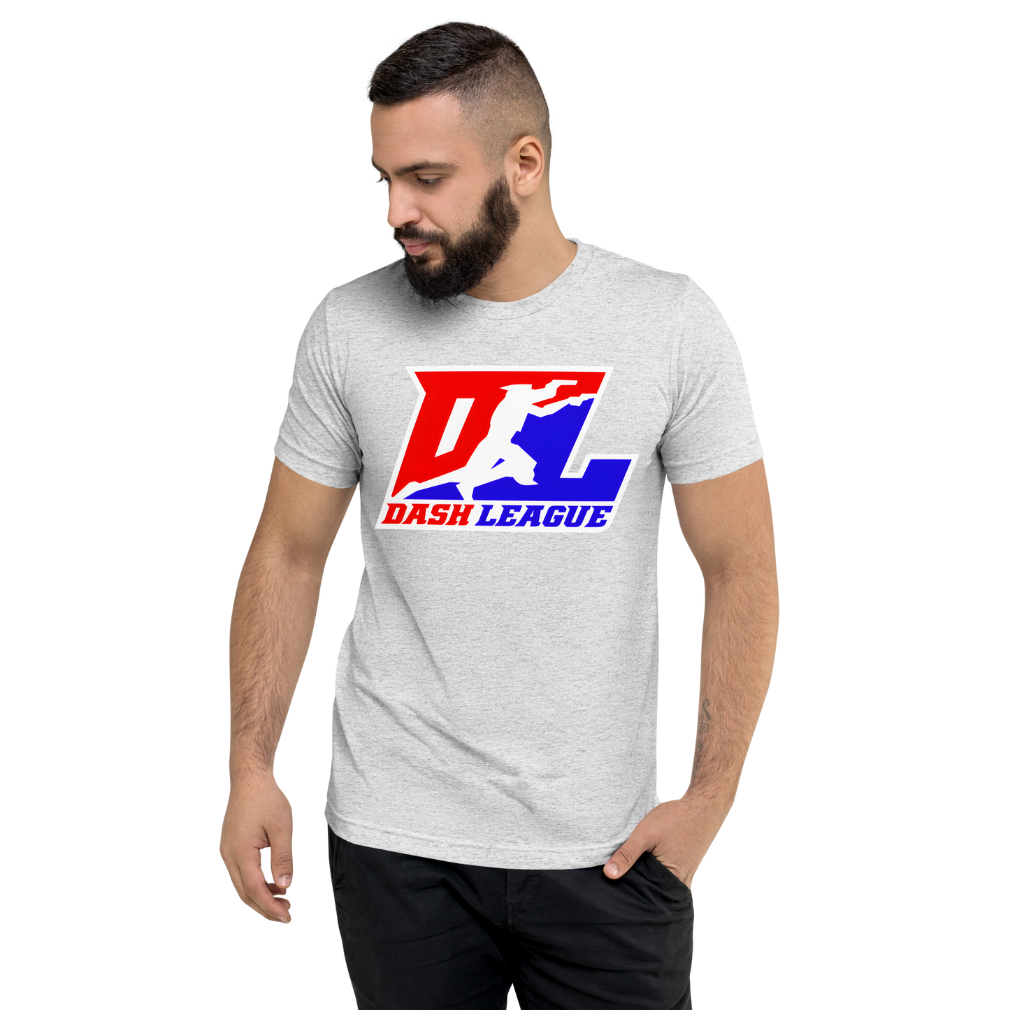 Camisa unisex de mezcla de tres colores con logotipo DL en contorno blanco (parte delantera y trasera)