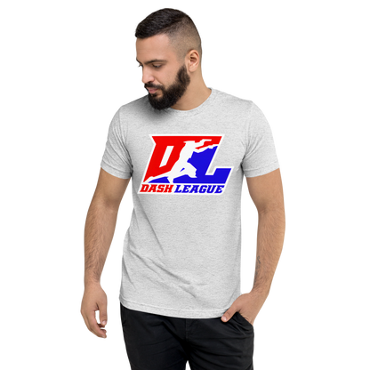 Camisa unisex de mezcla de tres colores con logotipo DL en contorno blanco (parte delantera y trasera)