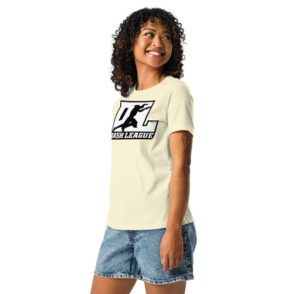 Camiseta relajada para mujer blanca con logotipo DL en contorno negro (parte delantera y trasera)