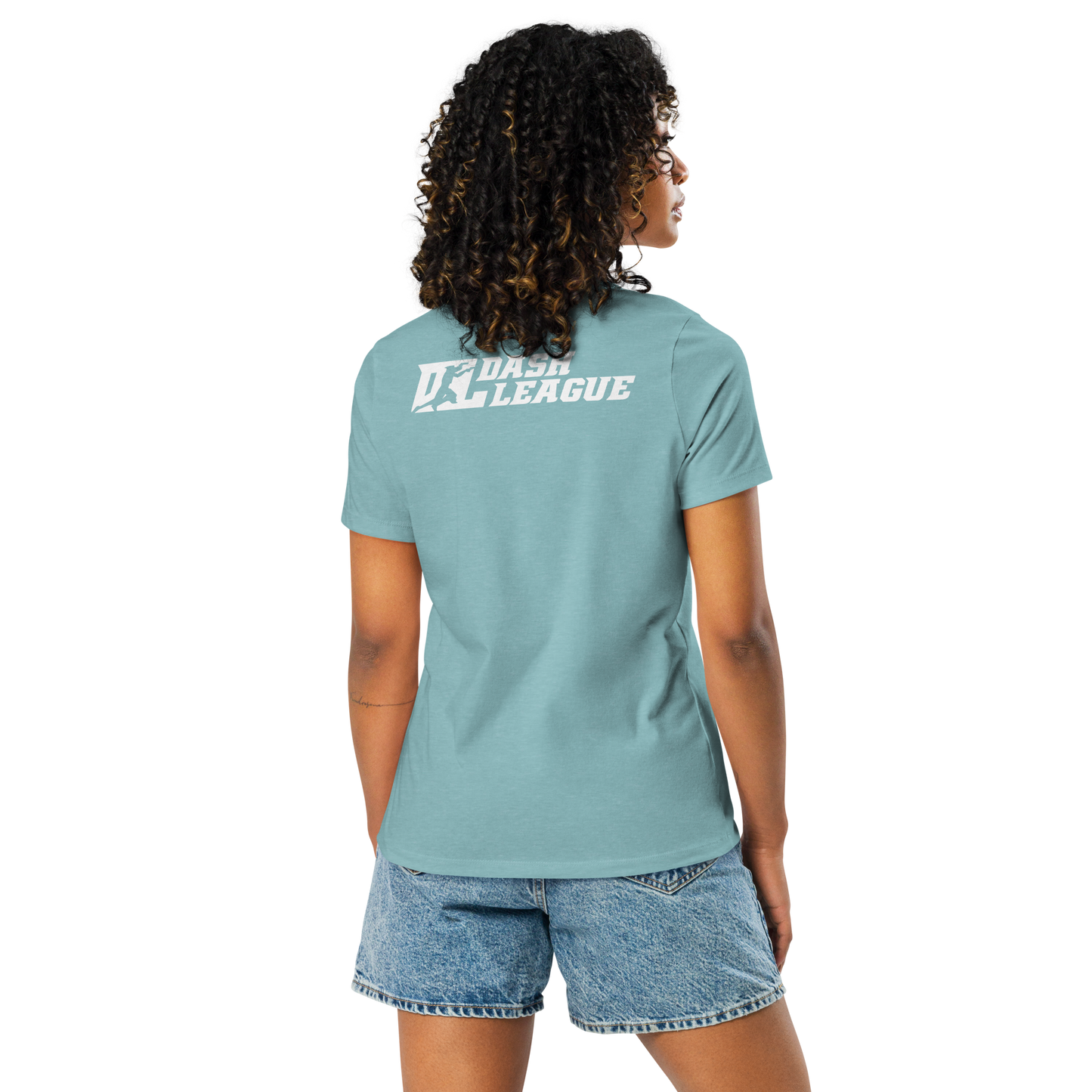 Camiseta relajada para mujer blanca con logotipo DL en contorno negro (parte delantera y trasera)