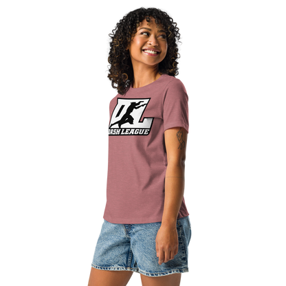 Camiseta relajada para mujer blanca con logotipo DL en contorno negro (parte delantera y trasera)