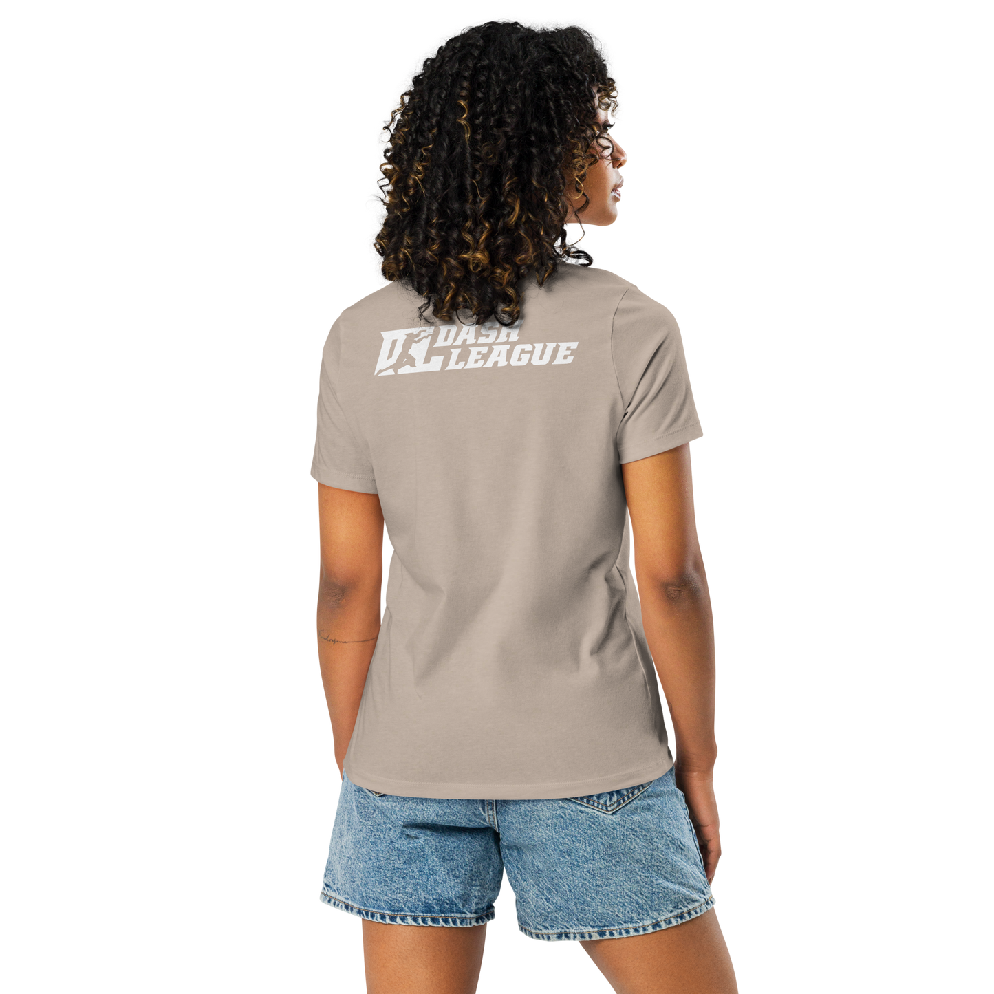 Camiseta relajada para mujer blanca con logotipo DL en contorno negro (parte delantera y trasera)