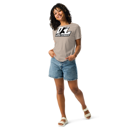 Camiseta relajada para mujer blanca con logotipo DL en contorno negro (parte delantera y trasera)