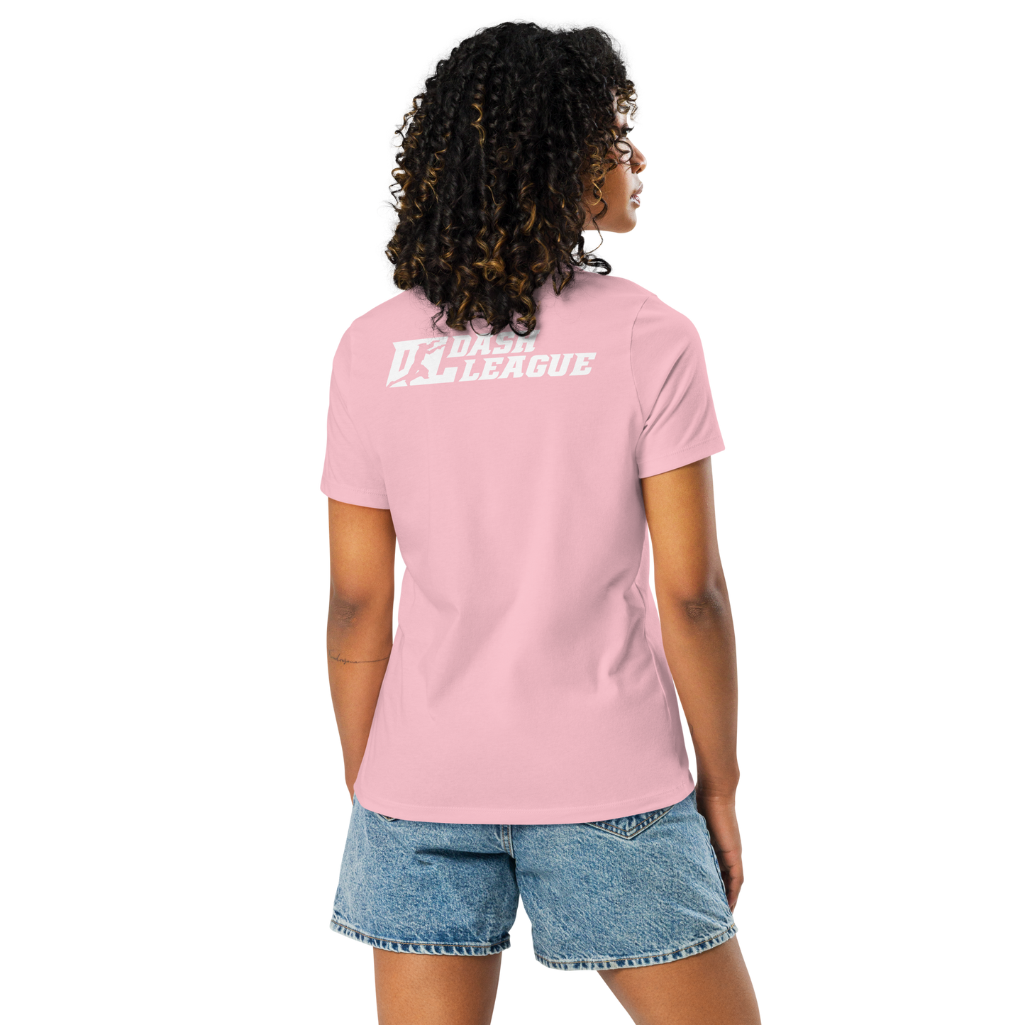 Camiseta relajada para mujer blanca con logotipo DL en contorno negro (parte delantera y trasera)