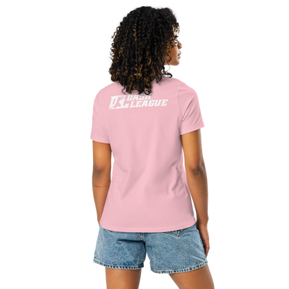 Camiseta relajada para mujer blanca con logotipo DL en contorno negro (parte delantera y trasera)