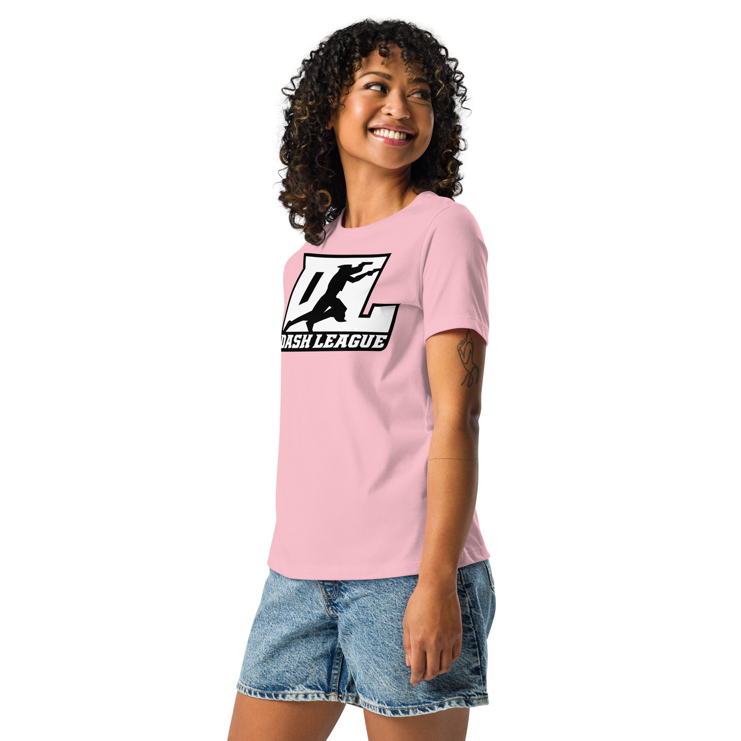 Camiseta relajada para mujer blanca con logotipo DL en contorno negro (parte delantera y trasera)