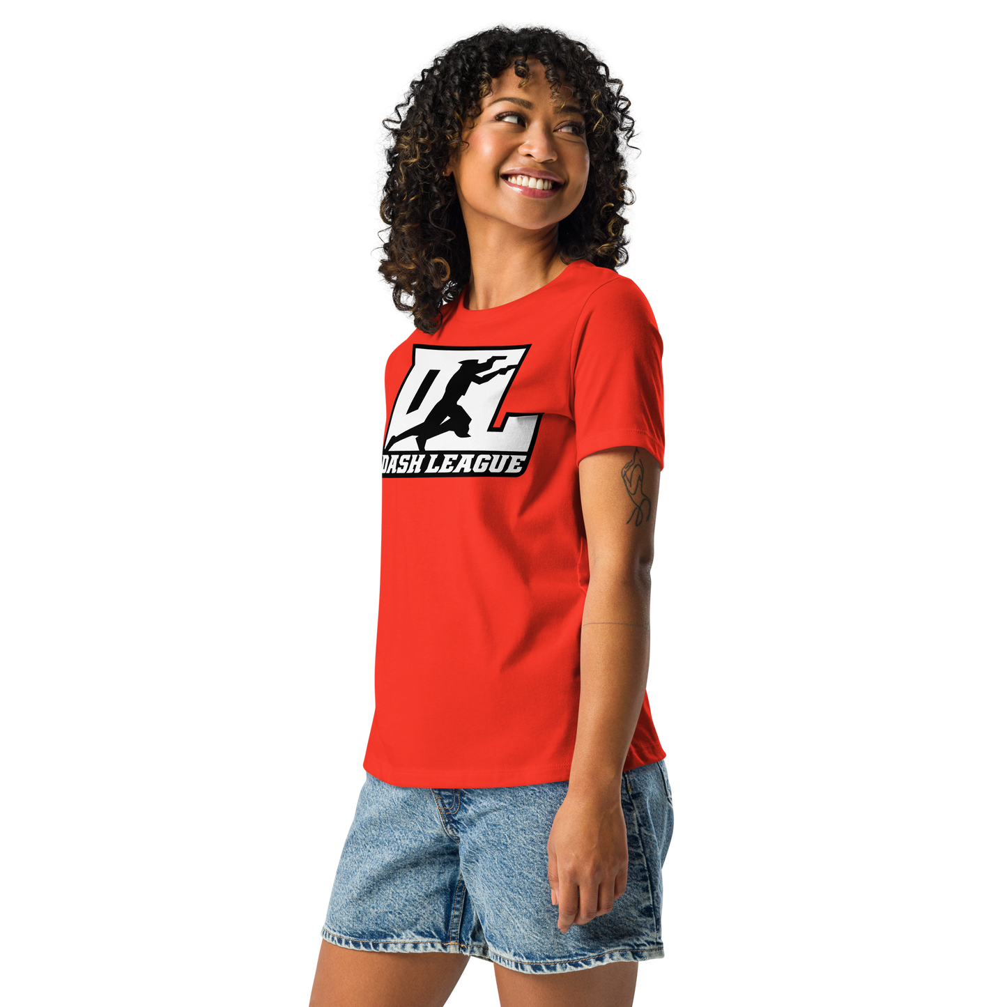 Camiseta relajada para mujer blanca con logotipo DL en contorno negro (parte delantera y trasera)