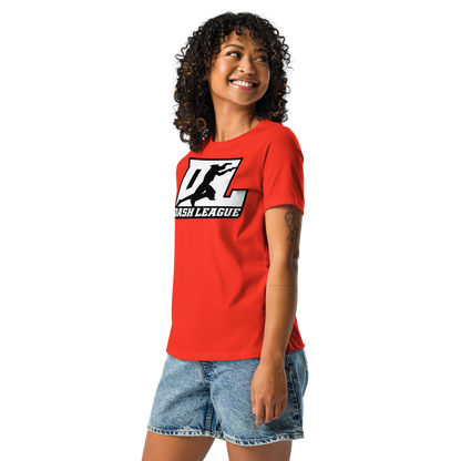 Camiseta relajada para mujer blanca con logotipo DL en contorno negro (parte delantera y trasera)